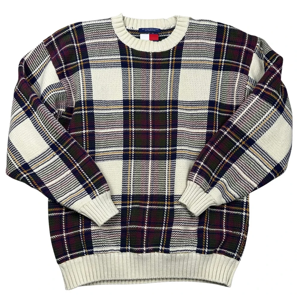 VTG Tommy Hilfiger Plaid Crew Neck Chunky Sweater Cotton Mens‎ M Burgundy Navy